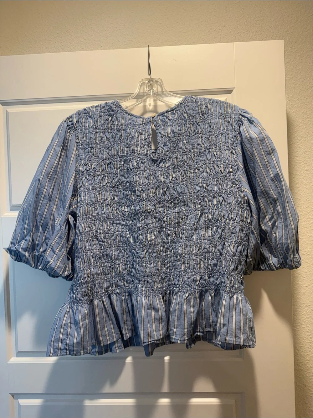 Old Navy Blue and White Striped Smocked Peplum Top XL
